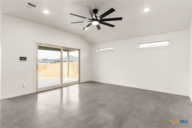 unfurnished room featuring vaulted ceiling and ceiling fan