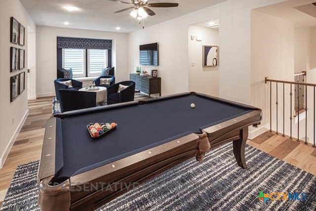 322 Dulce Vis, Boerne, TX 78006 - playroom with light wood-type flooring, ceiling fan, baseboards, and pool table