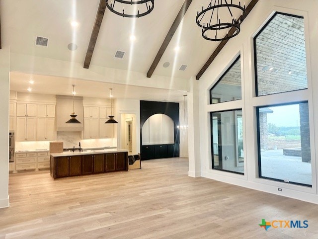 interior space with beamed ceiling, visible vents, a sink, light countertops, and open floor plan
