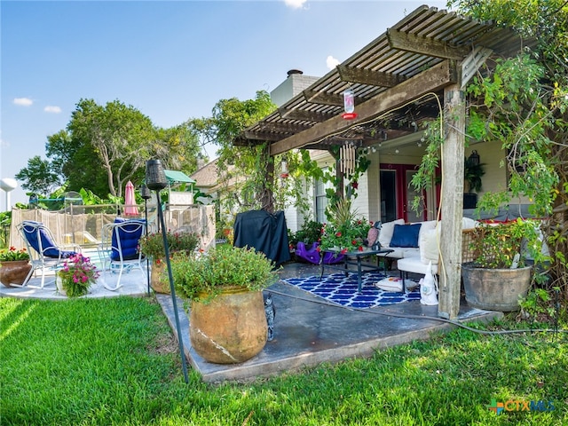 view of patio with a pergola and an outdoor hangout area