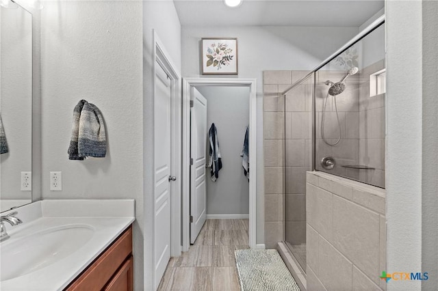 bathroom featuring vanity and a shower with shower door