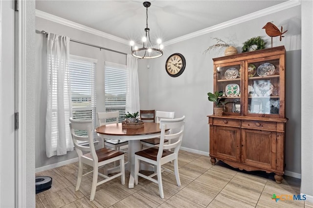 tiled dining area featuring crown molding and a chandelier