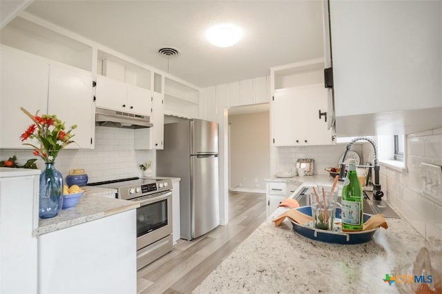 kitchen featuring visible vents, appliances with stainless steel finishes, white cabinetry, a sink, and under cabinet range hood