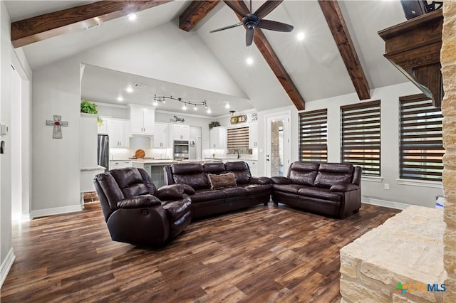 living room with ceiling fan, dark hardwood / wood-style flooring, high vaulted ceiling, and beam ceiling