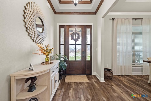 entryway with dark wood-type flooring and crown molding