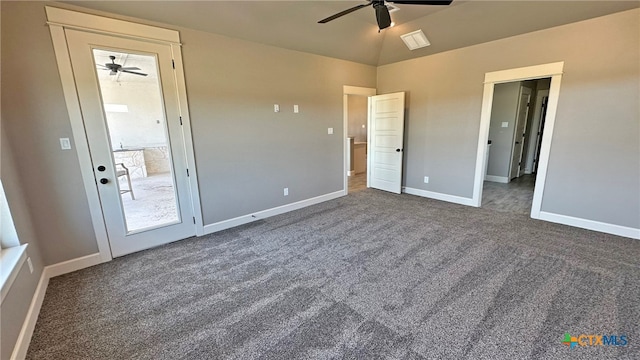 unfurnished bedroom with access to outside, ceiling fan, and dark carpet