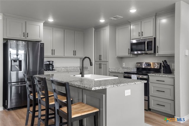 kitchen featuring visible vents, a sink, light wood finished floors, stainless steel appliances, and an island with sink