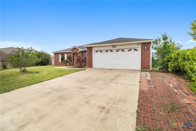 ranch-style house with a front lawn, driveway, a garage, and brick siding