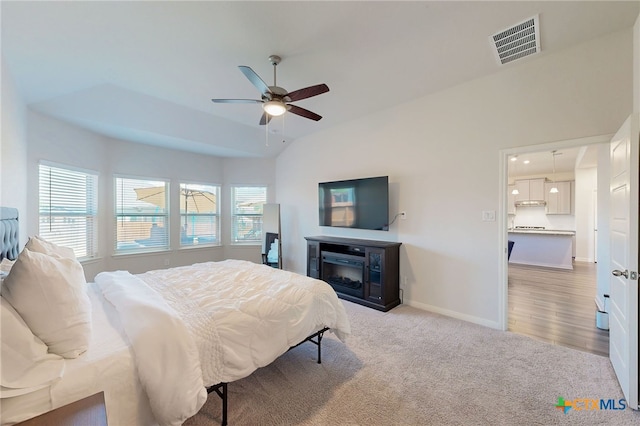 10259 Juniper Oaks, Boerne, TX 78006 - bedroom with light colored carpet, a glass covered fireplace, and ceiling fan
