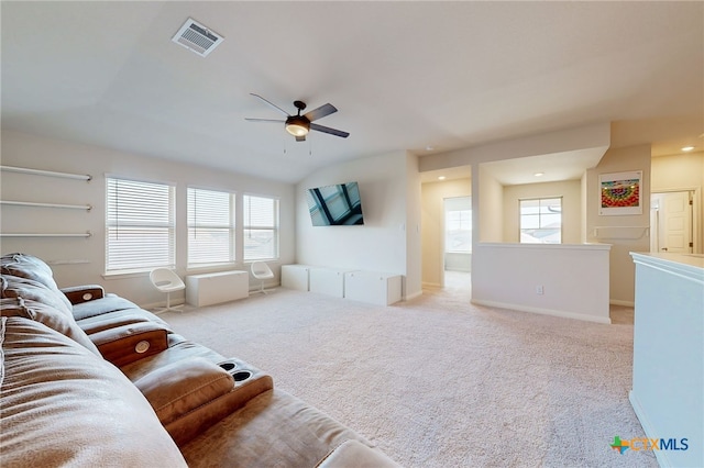 10259 Juniper Oaks, Boerne, TX 78006 - living area with ceiling fan, carpet floors, lofted ceiling, and recessed lighting