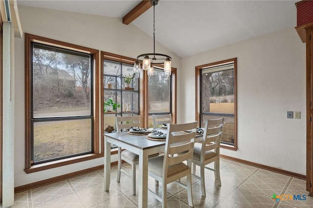 dining area with vaulted ceiling with beams, light floors, and baseboards