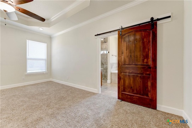 1040 Vista Dr, Salado, TX 76571 - empty room with a barn door, crown molding, ceiling fan, a tray ceiling, and carpet