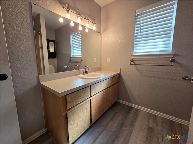 bathroom with vanity, hardwood / wood-style floors, and a healthy amount of sunlight