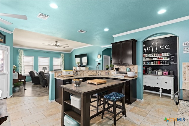 3700 Joyce Ln, Killeen, TX 76549 - kitchen with ceiling fan, crown molding, a peninsula, open floor plan, and recessed lighting