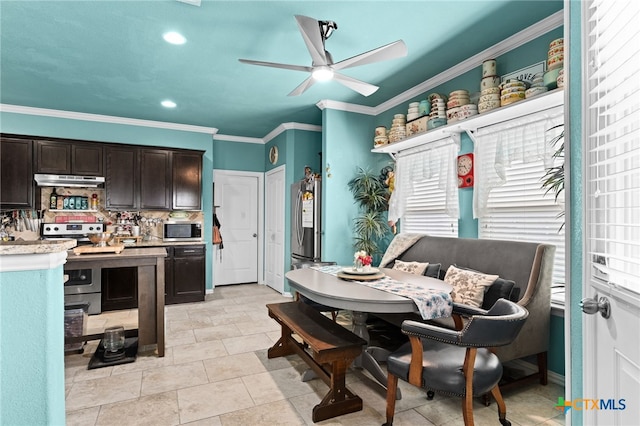 3700 Joyce Ln, Killeen, TX 76549 - kitchen with appliances with stainless steel finishes, dark brown cabinetry, crown molding, light countertops, and ceiling fan