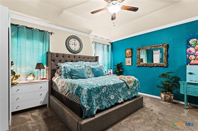 3700 Joyce Ln, Killeen, TX 76549 - carpeted bedroom with ornamental molding, a ceiling fan, and a tray ceiling
