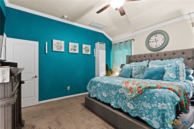 3700 Joyce Ln, Killeen, TX 76549 - carpeted bedroom with crown molding, vaulted ceiling, and ceiling fan