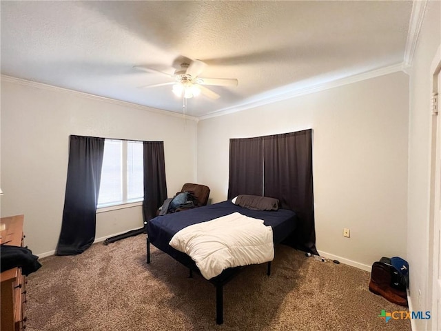 carpeted bedroom with ceiling fan, ornamental molding, and a textured ceiling