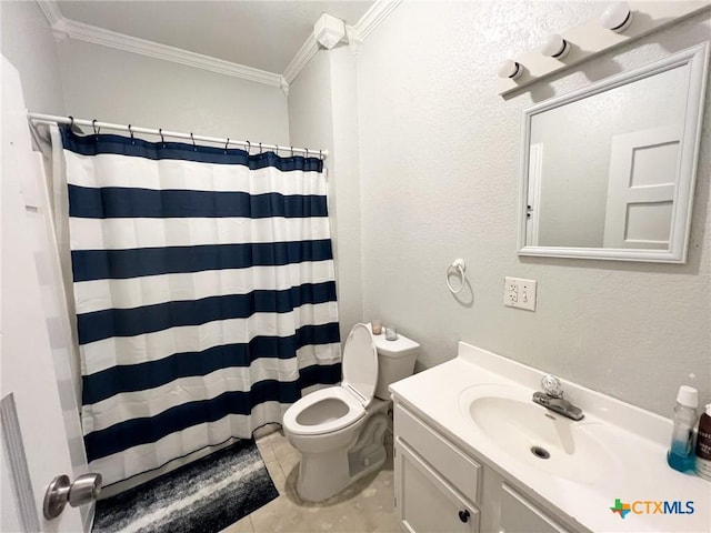 bathroom featuring crown molding, tile patterned flooring, vanity, a shower with curtain, and toilet