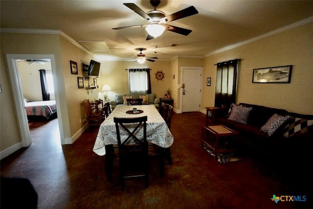 dining area featuring a ceiling fan, baseboards, and ornamental molding