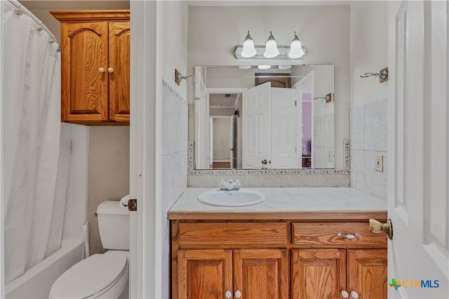 full bathroom with vanity, toilet, and shower / bathtub combination with curtain