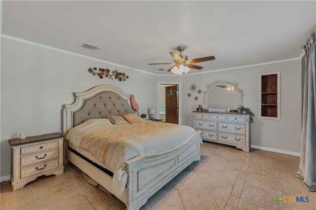 tiled bedroom with ceiling fan and crown molding