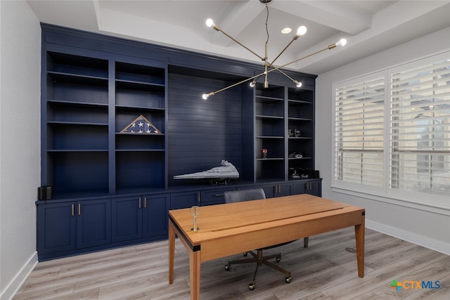 home office featuring light hardwood / wood-style floors, a notable chandelier, and beam ceiling