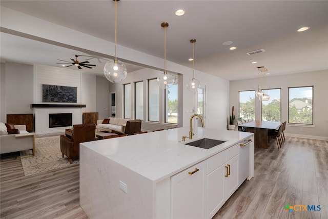 kitchen with white cabinetry, a wealth of natural light, sink, and an island with sink