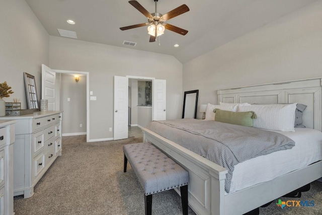 3214 Roan St, New Braunfels, TX 78130 - bedroom with vaulted ceiling, light carpet, recessed lighting, and ceiling fan