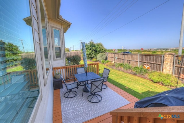 3214 Roan St, New Braunfels, TX 78130 - wooden deck featuring outdoor dining area, a fenced backyard, and a grill