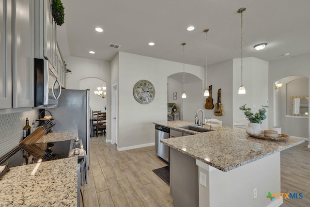 3214 Roan St, New Braunfels, TX 78130 - kitchen with arched walkways, stainless steel appliances, light wood-style flooring, decorative light fixtures, and a large island
