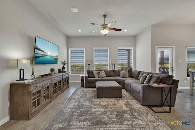 3214 Roan St, New Braunfels, TX 78130 - living room featuring ceiling fan, plenty of natural light, wood finished floors, and recessed lighting