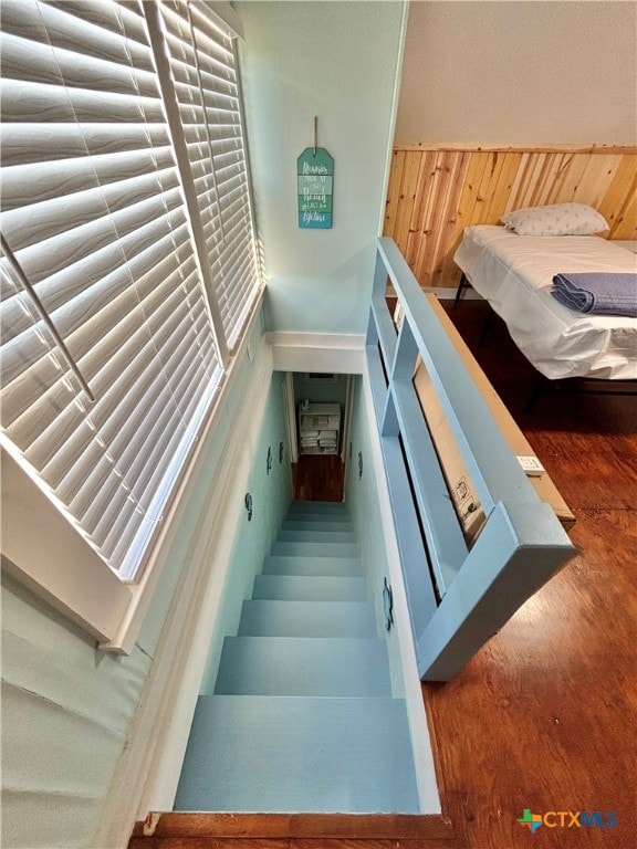 stairway with wooden walls and wood-type flooring