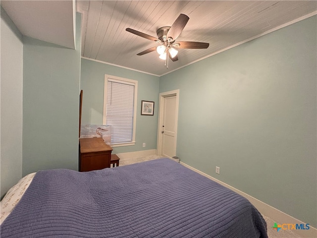 bedroom featuring ceiling fan, wood ceiling, and ornamental molding