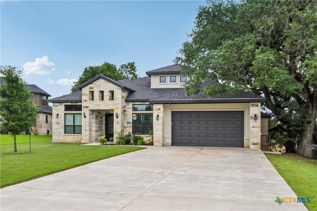 view of front of home featuring stone siding, driveway, a front lawn, a garage, and a shingled roof