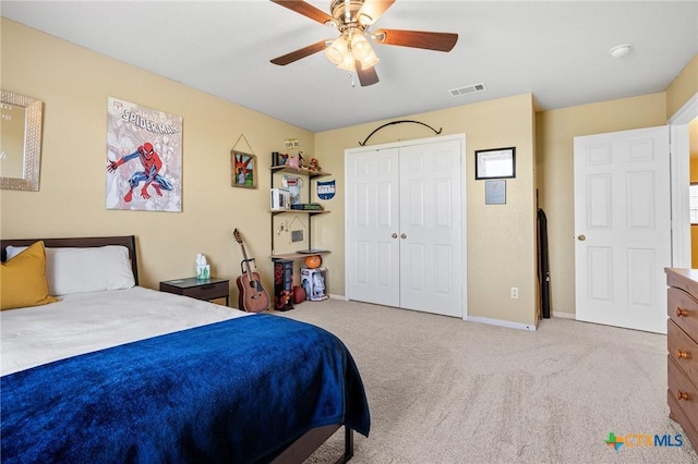 2604 Mikulec Dr, Killeen, TX 76542 - bedroom with carpet floors, a closet, and a ceiling fan
