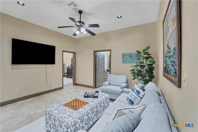 living room with ceiling fan