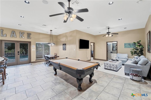 game room featuring french doors, pool table, light tile patterned flooring, and ceiling fan