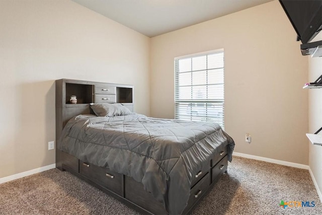 bedroom with dark colored carpet