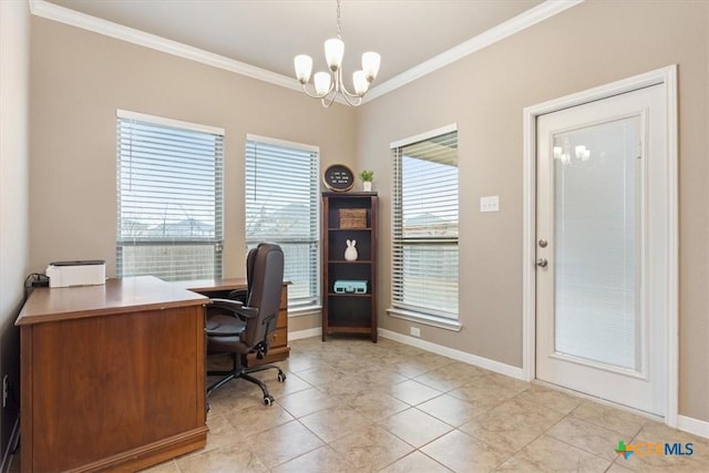 tiled home office with crown molding and a notable chandelier