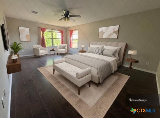 201 Windridge Dr, Lockhart, TX 78644 - bedroom with baseboards, ceiling fan, and dark wood-style floors