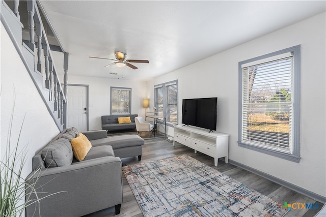 living room with plenty of natural light, ceiling fan, and dark hardwood / wood-style flooring