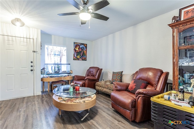 living room with ceiling fan and wood-type flooring