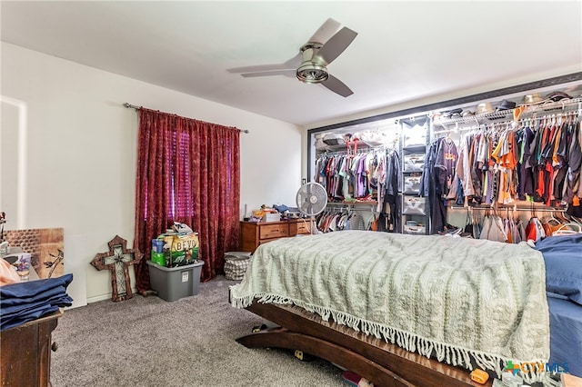 bedroom with a closet, carpet, and ceiling fan