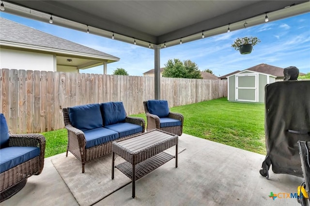 213 Flint Rock Ct, Victoria, TX 77904 - fenced backyard with an outdoor living space, a patio, and a shed