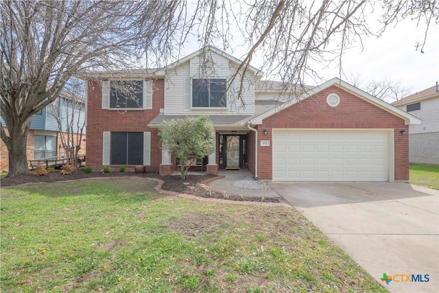 traditional home with a garage, brick siding, concrete driveway, and a front lawn