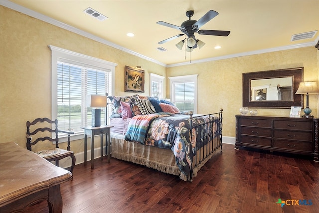 bedroom with ceiling fan, ornamental molding, dark wood-type flooring, and multiple windows