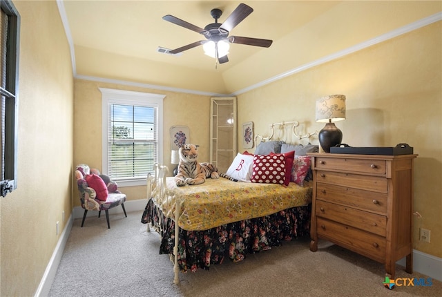 bedroom with ceiling fan and carpet floors