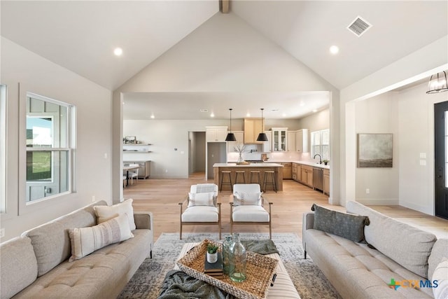 227 Glenview Cir, Belton, TX 76513 - living room featuring high vaulted ceiling, plenty of natural light, light wood-type flooring, and recessed lighting
