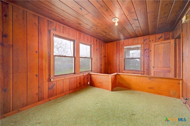 carpeted spare room featuring a wealth of natural light, wood ceiling, and wood walls